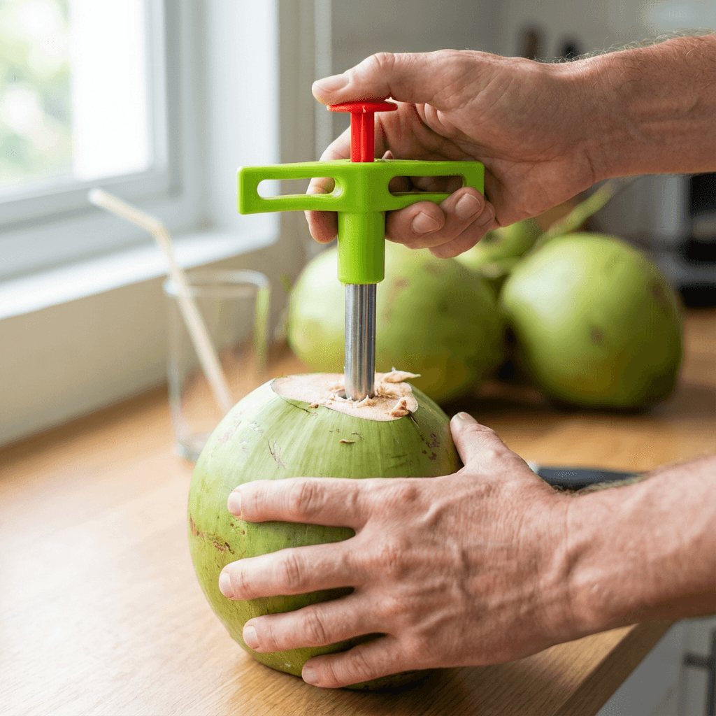 Coconut opener used at a juice stall setting