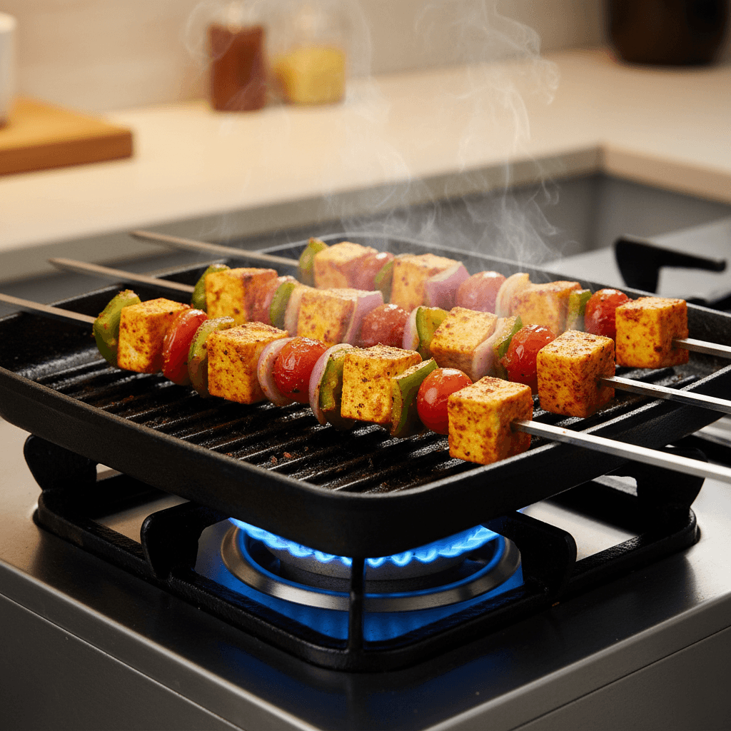 Kebabs grilling on stainless steel skewers over a stovetop BBQ stand