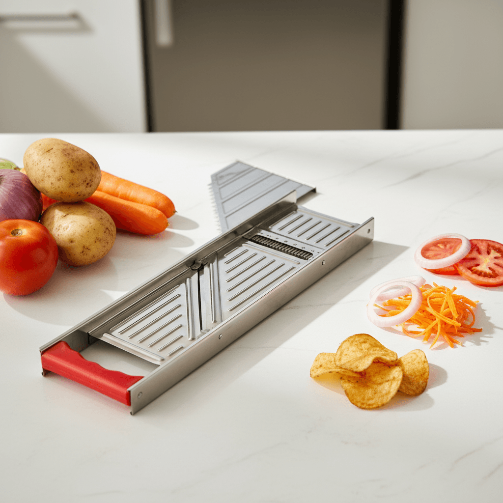 Multiple manual kitchen tools set up for high-volume vegetable prep