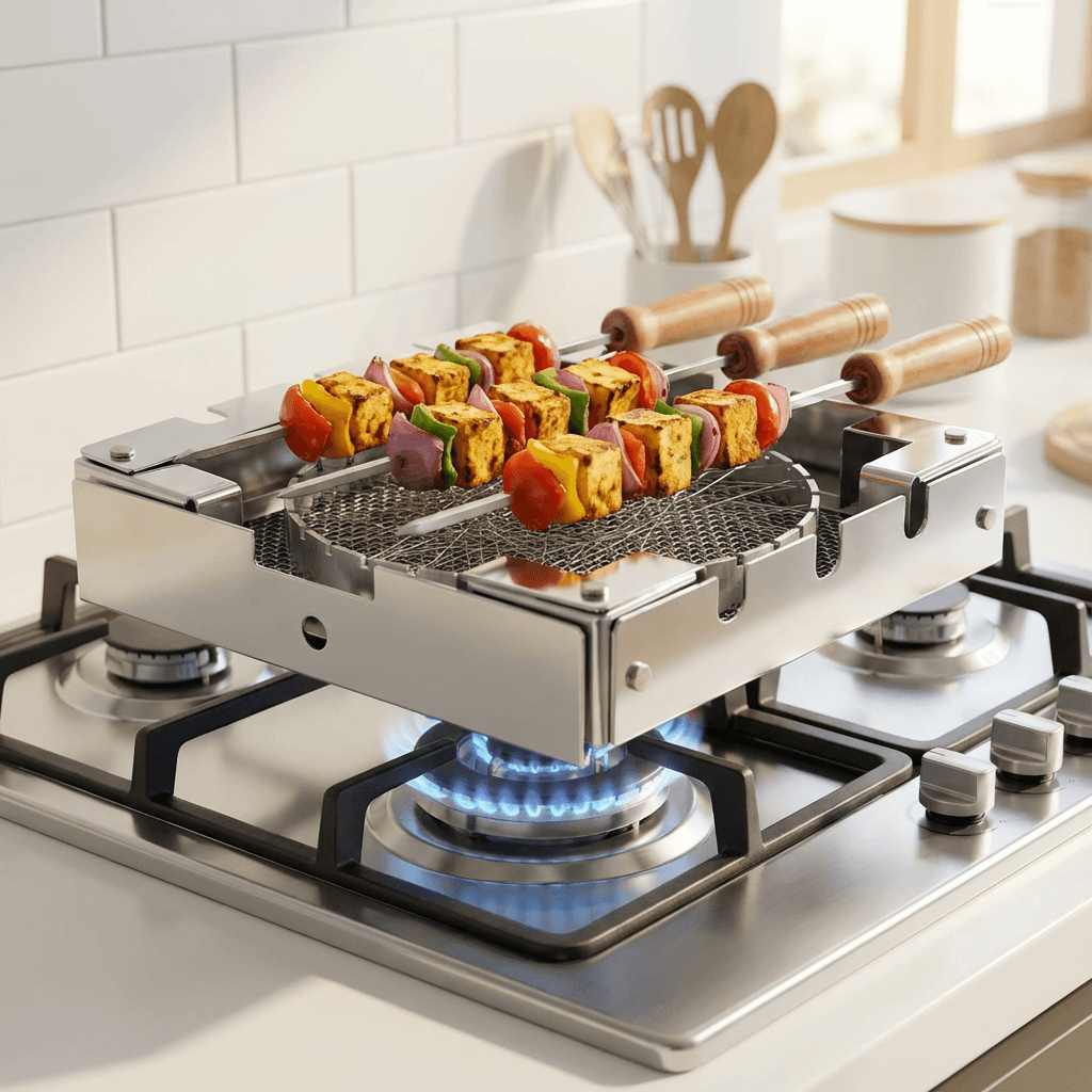 BBQ stand and serving tools set up for a hosting occasion